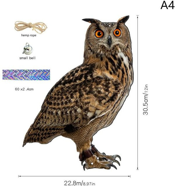 Nostalgiab Vogelscheuche Eule als hängende Vogelabwehr in Braun mit Glocken und wasserfestem Design - Bild 1