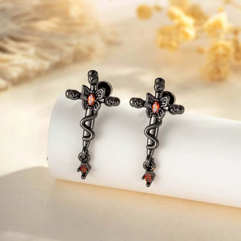 Mling Ohrstecker, Schwarze Schlangen-Kreuz, Titan, Zirkonia - Bild 2