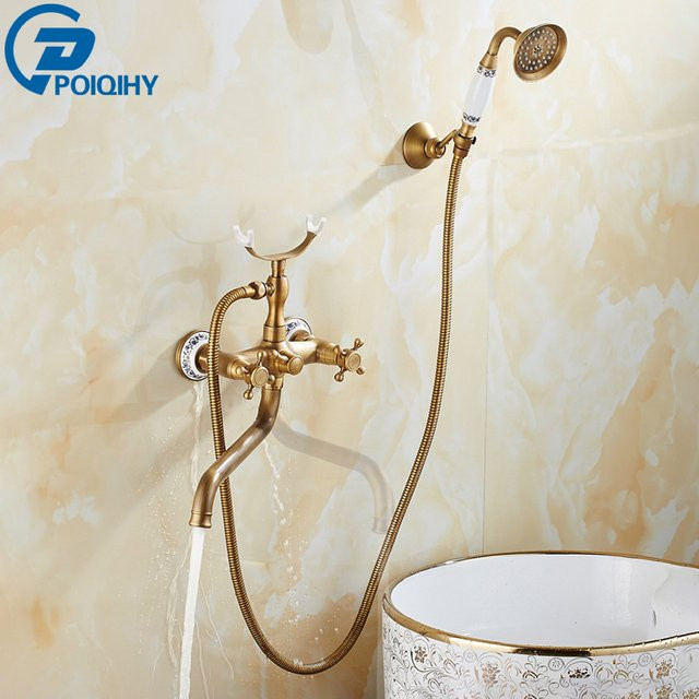 Antik Messing Badewannenarmatur mit Handbrause und langem Auslauf als Wand-Mischbatterie für dein Badezimmer - Bild 1