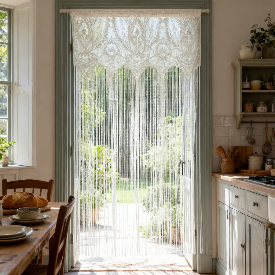 Französischer Vintage-Türvorhang mit Spitze und Quasten in Transparent, Shabby Chic Design mit floralem Muster - Bild 3