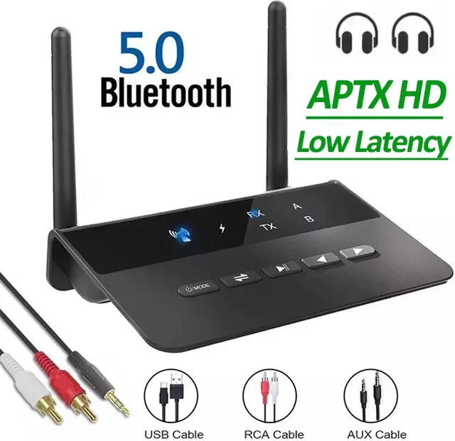 VIKEFON Bluetooth 5.0 Sender und Empfänger mit AptX HD Low Latency, Wireless Audio Adapter für PC, TV und Kopfhörer, Schwarz, 3,5mm AUX und RCA Anschluss - Bild 1
