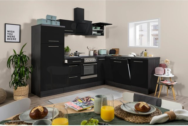 Respekta Premium Winkelküche modern in Schwarz Hochglanz und Eiche Grau mit Soft-Close-Türen und Schubladen - Bild 1