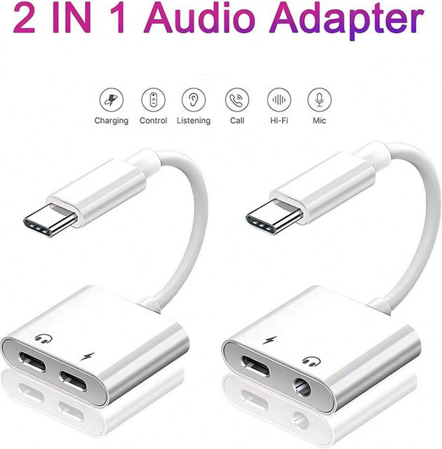 2-in-1 Audio-Adapter USB-C auf 3,5 mm Klinke Aux-Kabel-Konverter in Weiß für Samsung, Xiaomi und Huawei - Bild 1