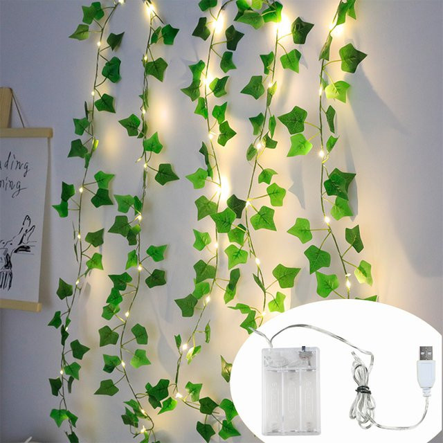 KIKIELF LED Lichterkette Efeu Ranke Grün mit warmweißem Licht USB und Batteriebetrieb für Party, Hochzeit und Dekoration - Bild 1