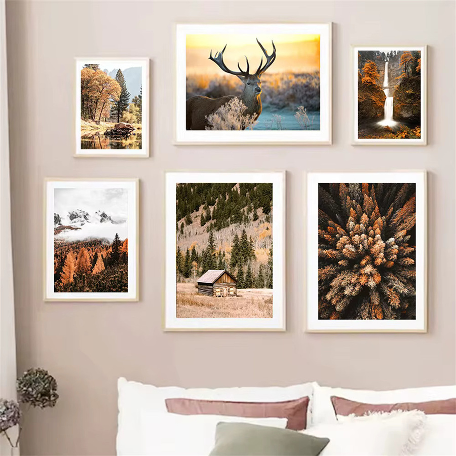 Potdemiel Leinwanddruck Herbstlandschaft mit Waldpfad und Blättern im nordischen Stil als Wandbild - Bild 2