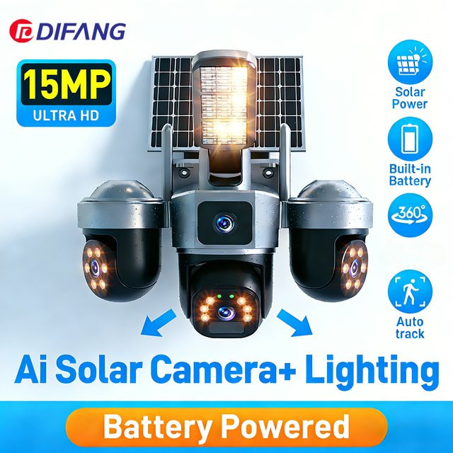 DIFANG V380 8K 15MP WLAN-Solarkamera mit automatischer Verfolgung, Solarbeleuchtung und 3-Bildschirm-PTZ für die kabellose Außenüberwachung via Wi-Fi oder 4G - Bild 1