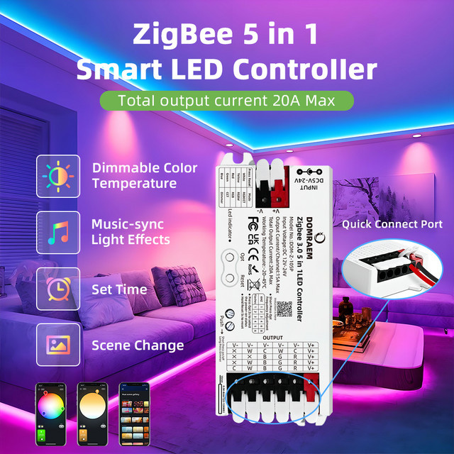 DOMRAEM Zigbee 3.0 Smart 5-in-1 LED-Controller Dimmer für RGB, RGBW, RGBWCCT Streifen, kompatibel mit Philips Hue und Amazon Alexa - Bild 1