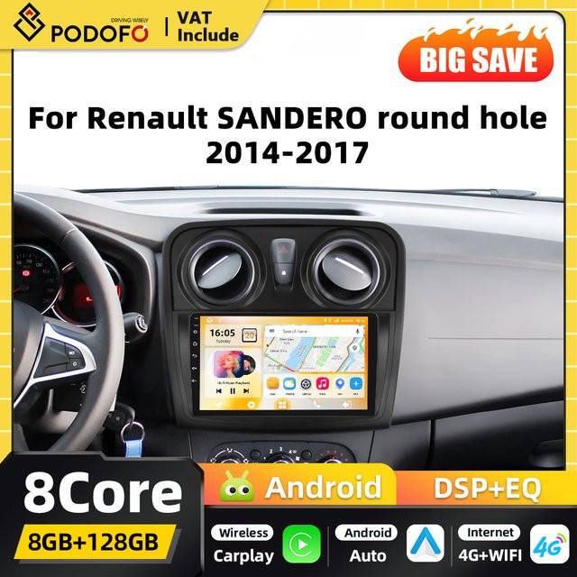 Podofo Android Autoradio mit 8GB RAM und 128GB Speicher für Renault Sandero 2014-2017, 2DIN Stereo mit Carplay, Android Auto, GPS-Navigation, WIFI und DSP, Schwarz - Bild 1