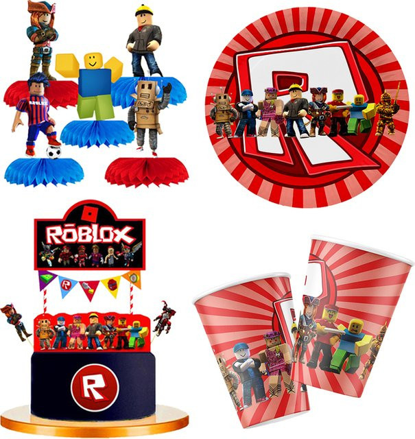 Roblox Geburtstag Dekoration Set aus Papier mit Pappbechern, Tellern, Banner, Waben und Aufklebern für Kinder - Bild 1