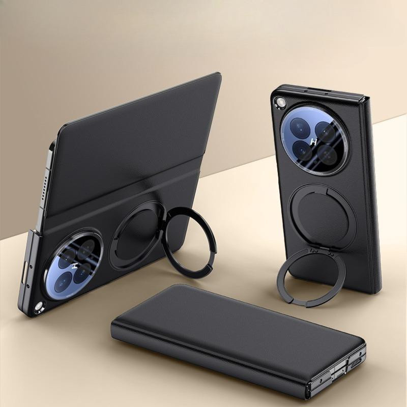 ELVEV Magnetische Klapphülle für OPPO Find N6 aus PU-Leder mit 360 Grad drehbarem Ringhalter in Schwarz - Bild 1