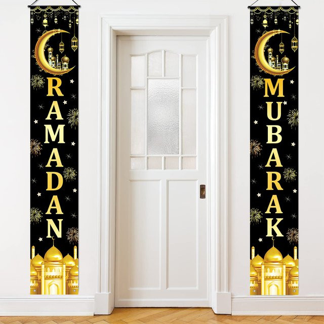 Huiran Eid Mubarak Türbanner Ramadan Dekoration in Schwarz, Orientalisches Textil-Hängedekor für Islamische Feste und Ramadan Kareem - Bild 1