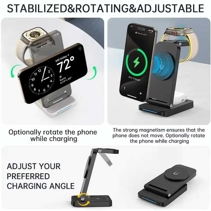 TIMESS 3-in-1 faltbarer magnetischer kabelloser Ladeständer für iPhone und Smartwatch in Schwarz - Bild 3