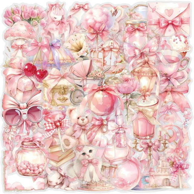60 Stück Rosa Coquette Sticker-Pack aus transparentem PET, wasserfeste Aufkleber für dein Tagebuch von RecordingYourLife Store - Bild 1