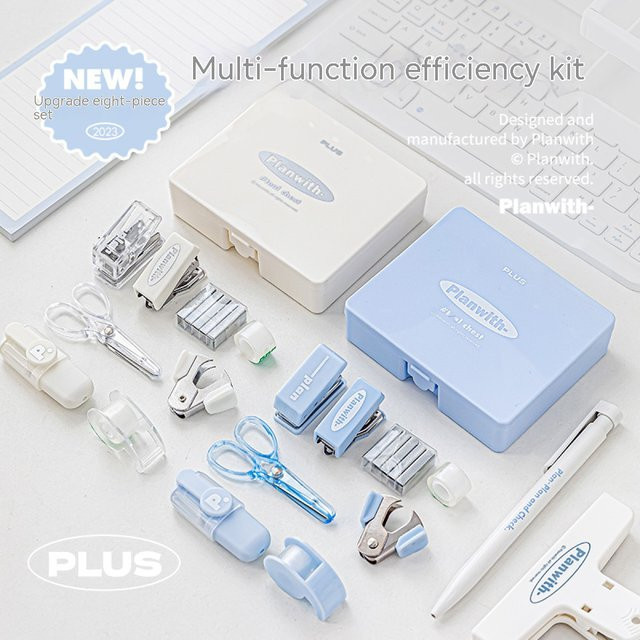 Kawaii Briefpapier-Set in Weiß, 8-teiliges Büro- und Schulset mit Hefter, Schere, Klebeband, Markierstift, Stanze und Nagelentferner aus Kunststoff - Bild 1