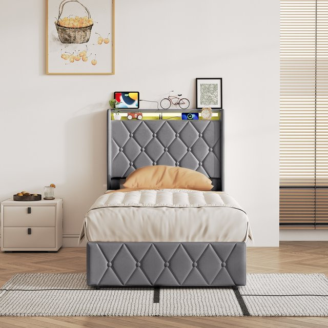 Superaly Kinder Polsterbett mit hydraulischem Stauraum und Lattenrost, Dunkelgrau, B/T: 90 x 200 cm - Bild 1