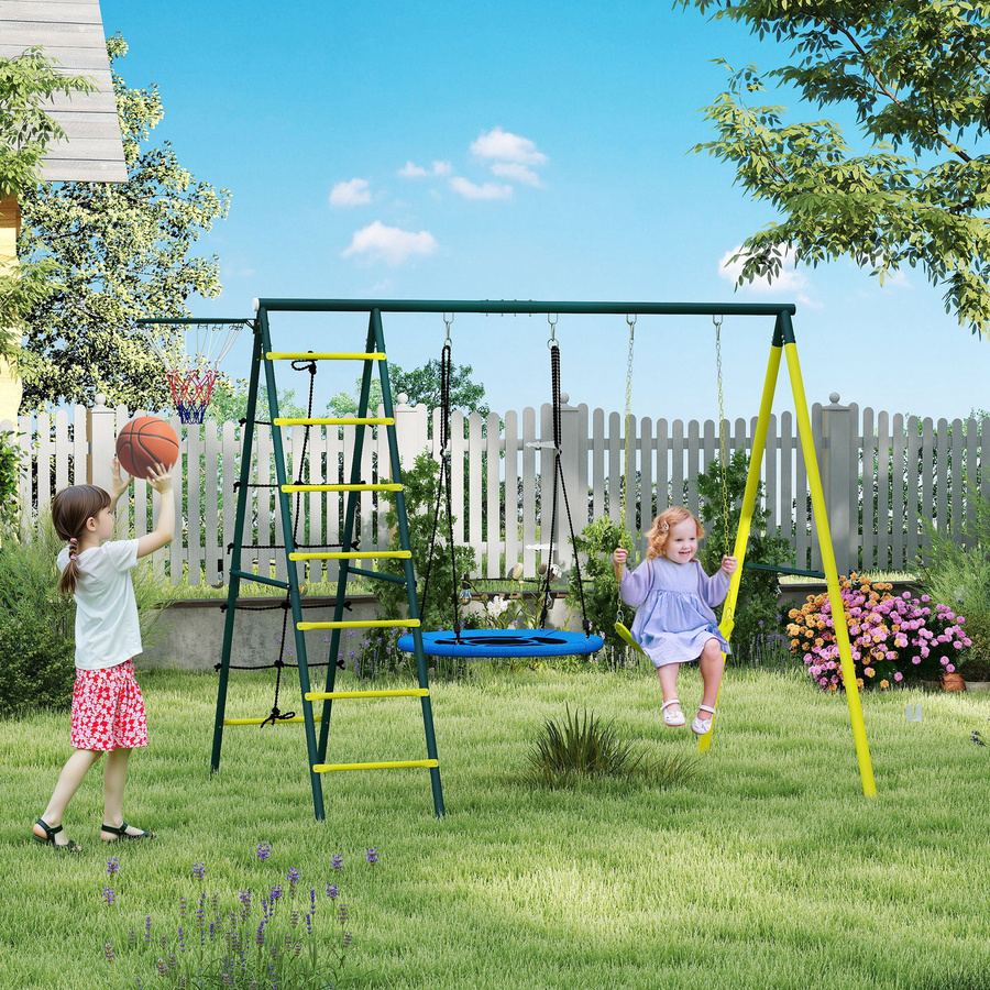 Outsunny 4 in 1 Schaukelset Schaukel Gerüst mit Basketballkorb und Kletterleiter Gelb - Bild 2