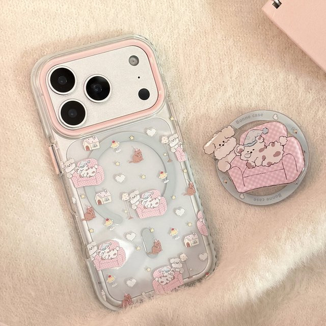 MUQGEW Magnetische Handyhülle mit Koreanischem Cartoon Rosa Sofa Welpen Motiv für iPhone 17 16 15 14 13 12 Pro Max Transparent Stoßfestes Softcover - Bild 1
