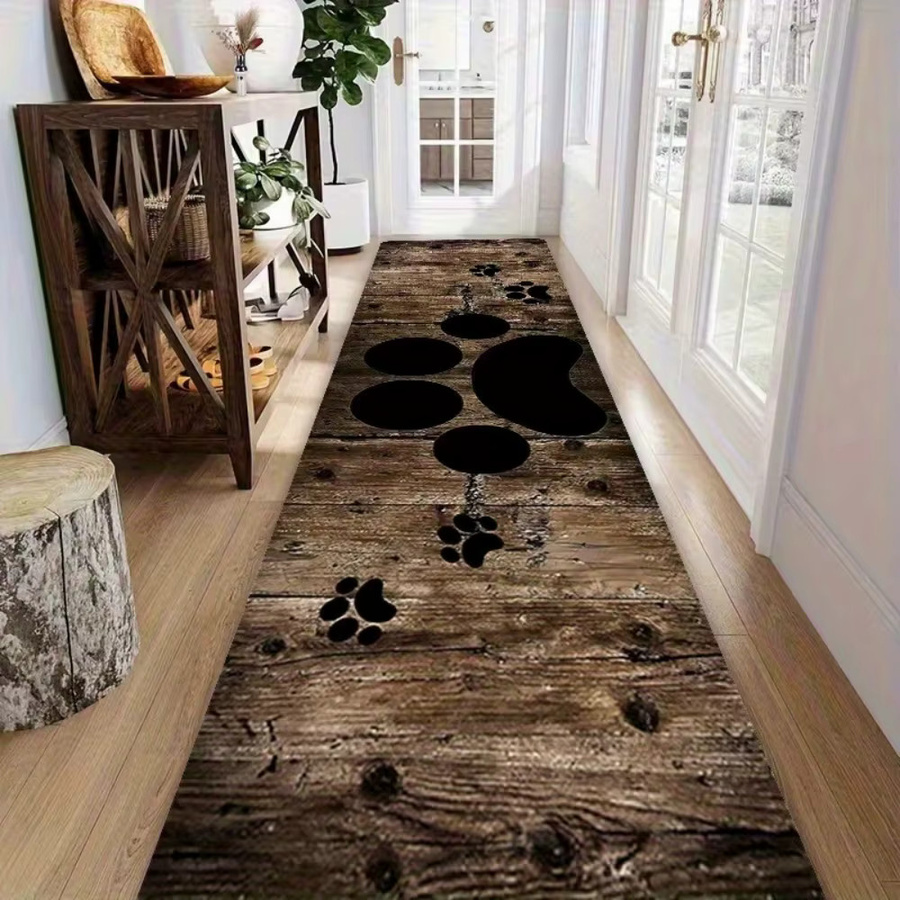 VIKAMA Teppich in Holzoptik mit Cartoon-Hund und Pfotenabdruck, rutschfest und schmutzabweisend, Farbe: Braun, B/T: 120 x 40 cm - Bild 2