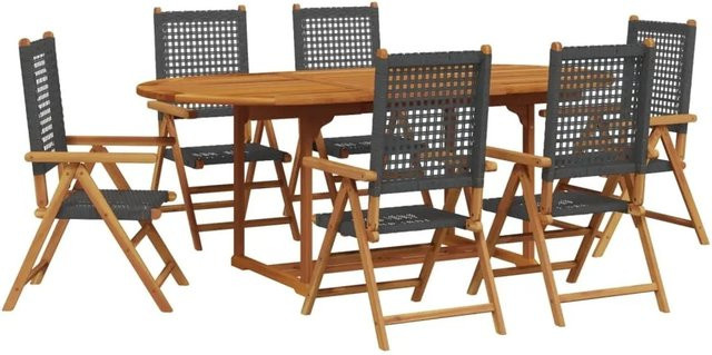 vidaXL 7-tlg Garten-Essgruppe aus Poly Rattan und geöltem Akazien-Massivholz in Schwarz, erweiterbarer rechteckiger Tisch - Bild 1
