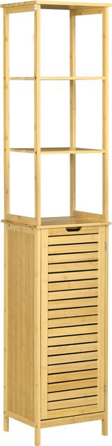 kleankin Badschrank aus Bambus in Natur Braun mit 3 offenen Fächern und 1 Schrank, H x B x T: 173 x 34 x 30 cm - Bild 1