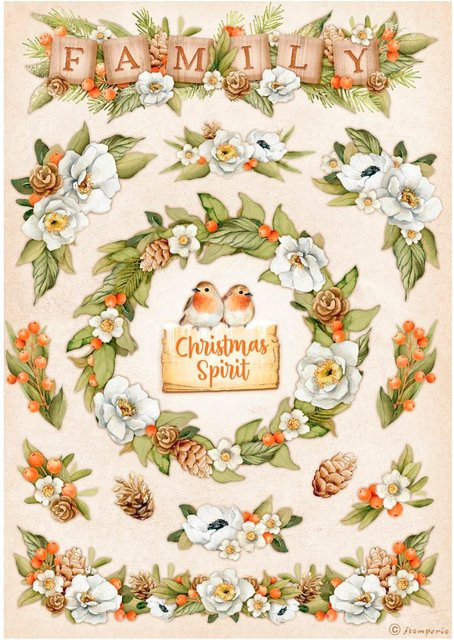 Stamperia Motiv-Strohseide Winter Valley - Christmas Spirit mit Kranz, Beeren und Vögeln - Bild 1