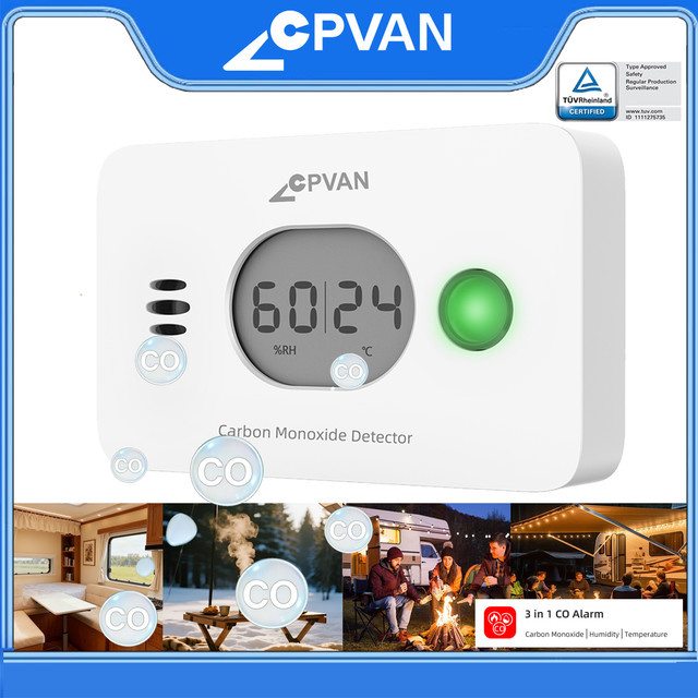 CPVAN 3-in-1 Kohlenmonoxid-Detektor CO-Melder mit Feuchtigkeits- und Temperaturanzeige in Weiß gemäß EN50291 Standard für Küche und Wohnmobil - Bild 1
