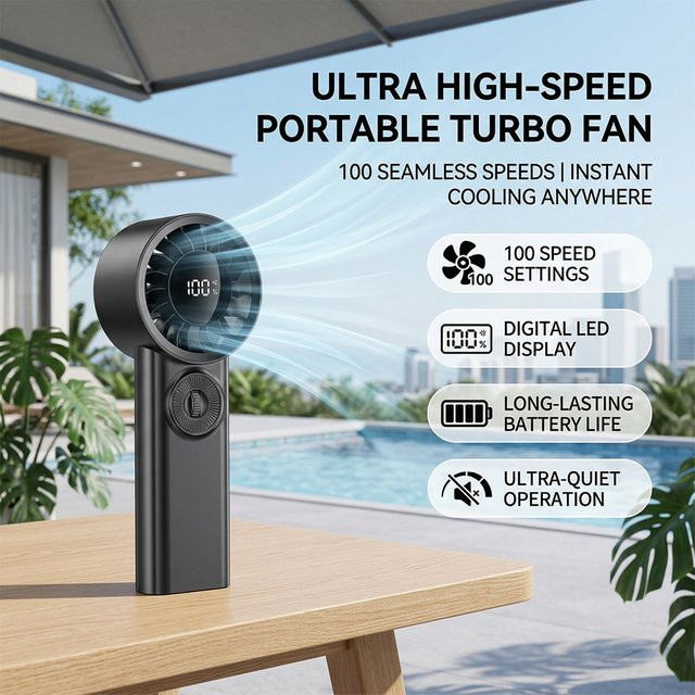 LIPETY Handgehaltener Turbo-Ventilator in Schwarz mit 100 Geschwindigkeitsstufen und Digitalanzeige, tragbarer Mini-Lüfter mit Akku für Reisen und Outdoor - Bild 1