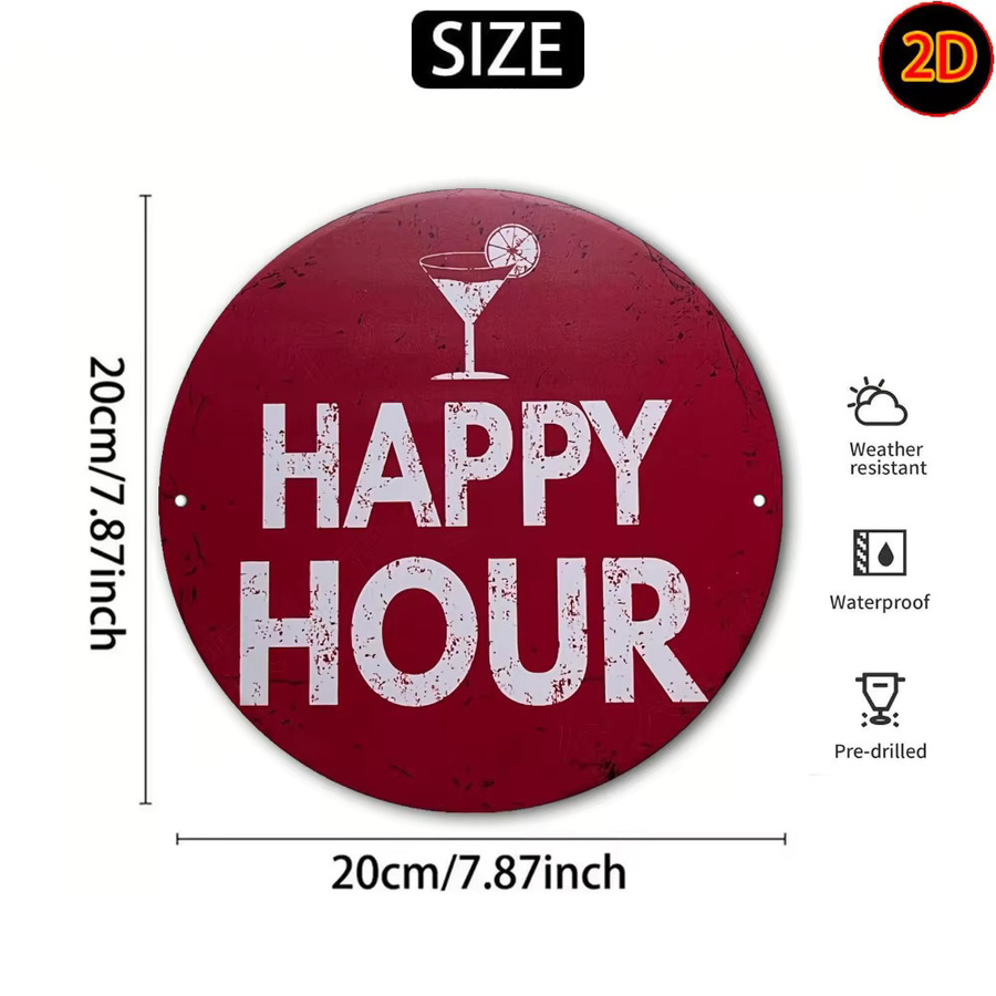 CIFBUY Rundes Aluminiumschild Happy Hour Hahn-Cocktailglas in Rot für die Bar Dekoration, Durchmesser: 20 cm - Bild 2