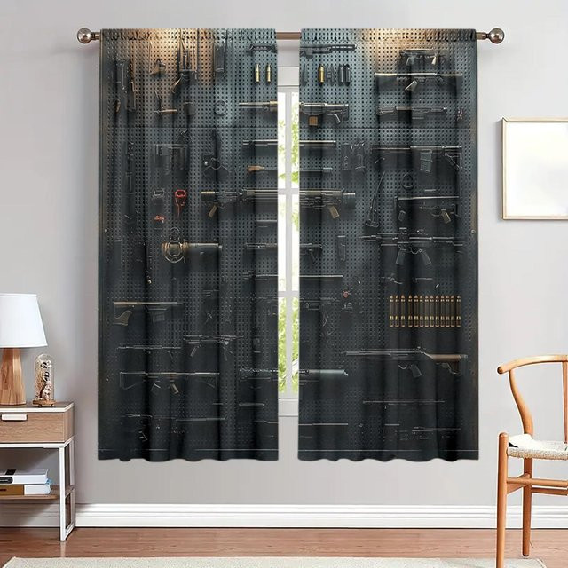 2er-Set bedruckte Vorhänge mit Pistolen-Motiv in Grau, halbtransparent für Wohnzimmer, Schlafzimmer und Büro, Breite: 52,5 cm, Höhe: 116 cm - Bild 1