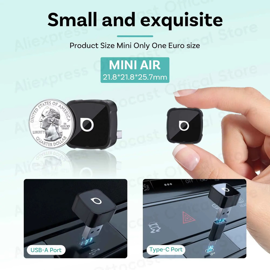 Ottocast Mini Air Tiny Cube 4.0 Kabelloser CarPlay und Android Auto Adapter in Schwarz mit USB-A und USB-C Anschluss für iPhone iOS Bildschirmübertragung - Bild 2