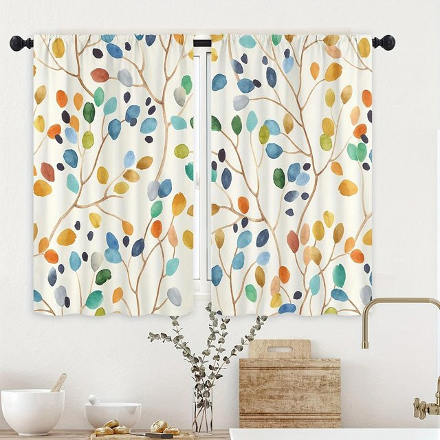 2er-Set bunte Aquarell-Küchengardinen mit Blättermuster, semi-transparent, B/H: 70 x 107 cm - Bild 1
