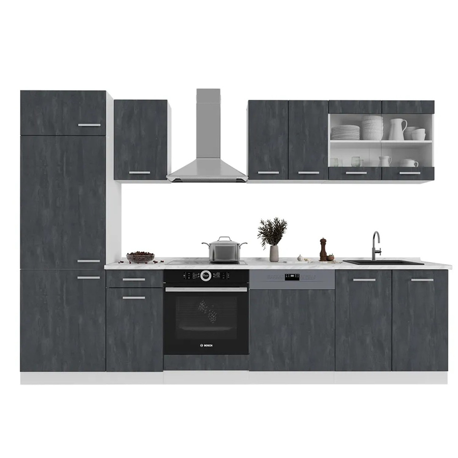 Vicco Küchenzeile R-Line in Schwarz Beton und Weiß mit Arbeitsplatte in Weiß Marmor, Breite: 300 cm - Bild 2