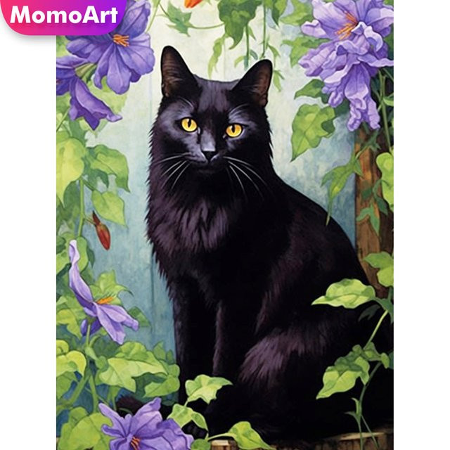 Momoart Diamantmalerei Schwarze Katze mit Blumen als DIY Acryl-Mosaik Set für die Wanddekoration in Schwarz - Bild 1
