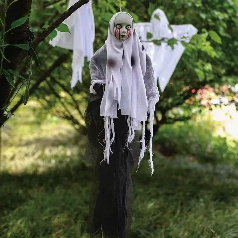 Lofytain Halloween Dekoration Hängende Geister aus Gaze mit Schädel und Skelett in Weiß für Garten und Spukhaus - Bild 3