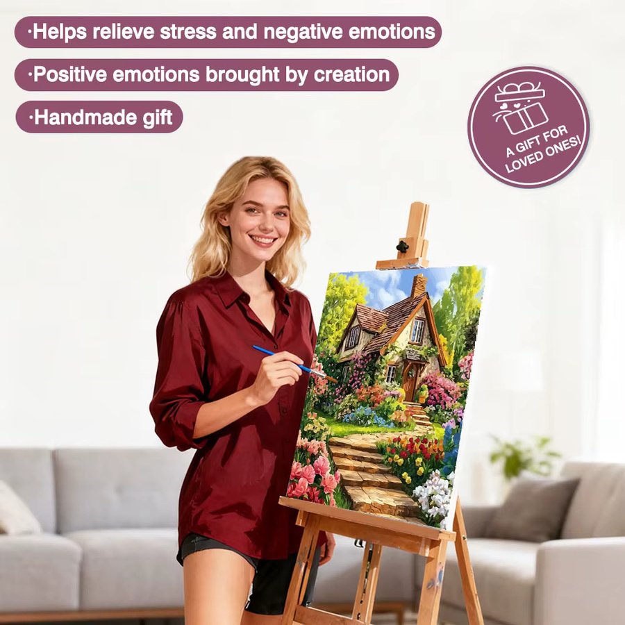 Huacan DIY Malen nach Zahlen Set Haus und Blumenlandschaft als handgemaltes Ölgemälde auf Leinwand in Mehrfarbig - Bild 3