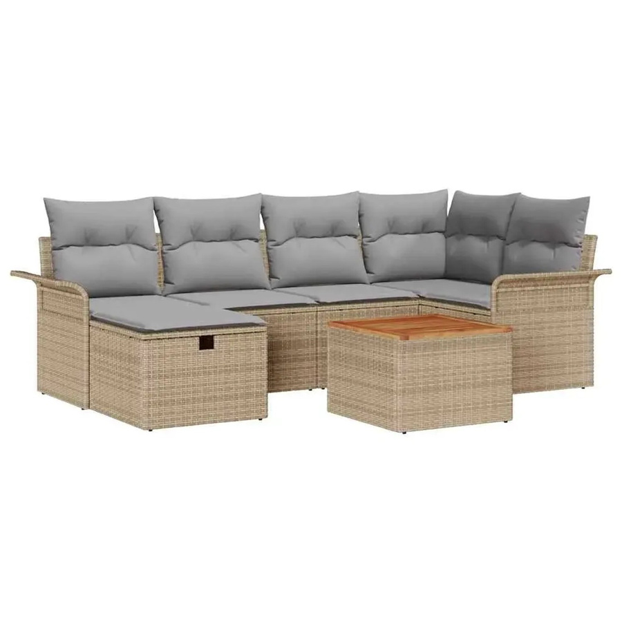 vidaXL Garten-Sofa-Set aus Polyrattan und Akazienholz in Beige mit 7 Teilen, L-Form mit Kissen und integriertem Stauraum - Bild 2