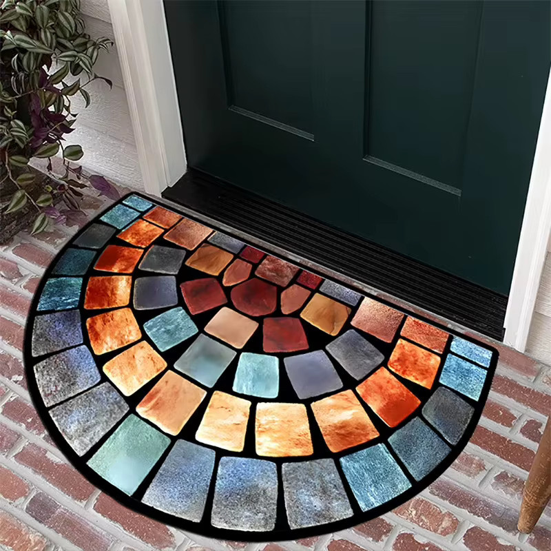 VIKAMA Halbkreisförmige Fußmatte aus Polyester mit modernem Abstract-Design, rutschfest und weich, mehrfarbig, ideal für Wohnzimmer und Terrasse - Bild 2