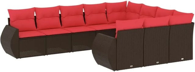 vidaXL 10-tlg. Gartensofa-Set in L-Form aus Polyrattan mit Kissen in Braun und Rot - Bild 1