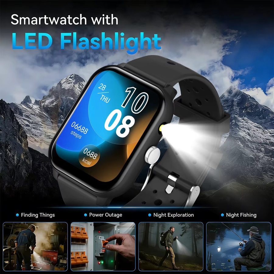 SIMSONLAB Smartwatch mit Taschenlampe und Bluetooth-Anruffunktion, 1,83 Zoll IPS Display, Schwarz, Unisex - Bild 2