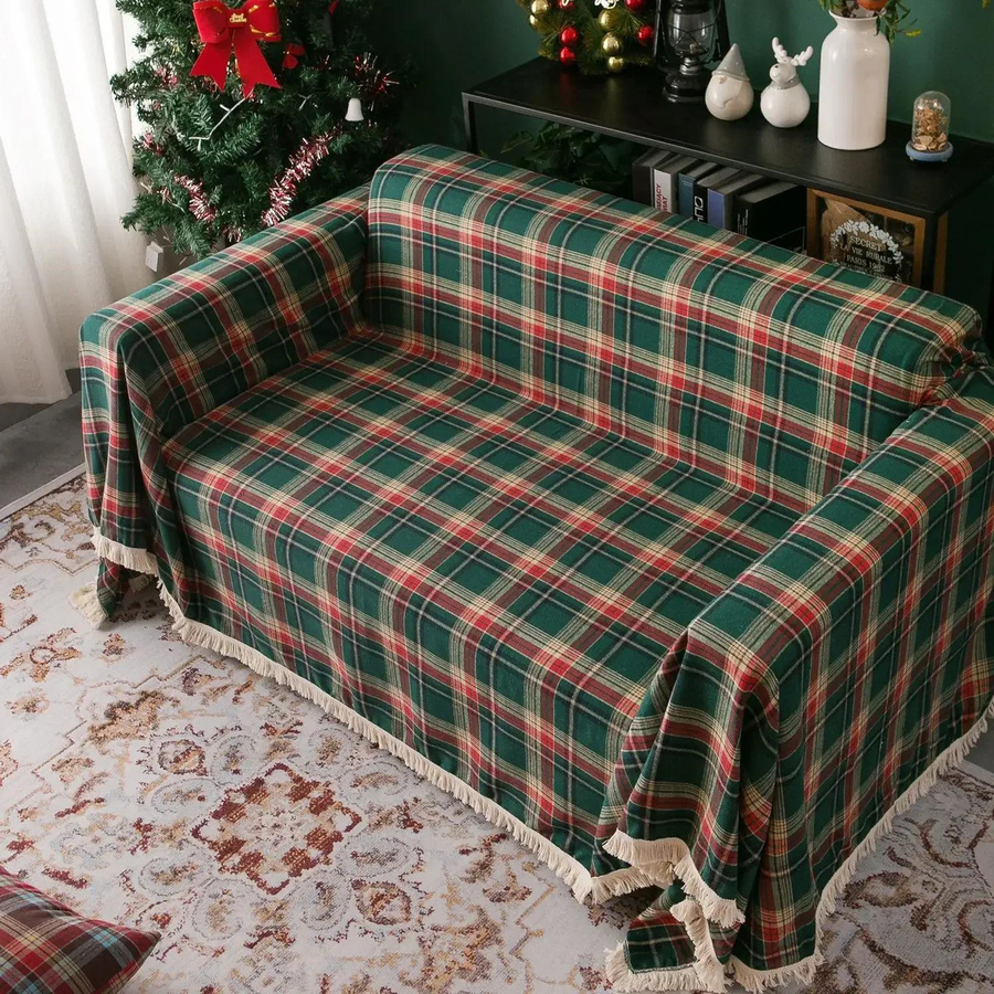 Yiran Furniture Sofa-Abdeckung im Weihnachts-Design, kariert in Rot und Grün, B/T: 180 x 180 cm - Bild 2