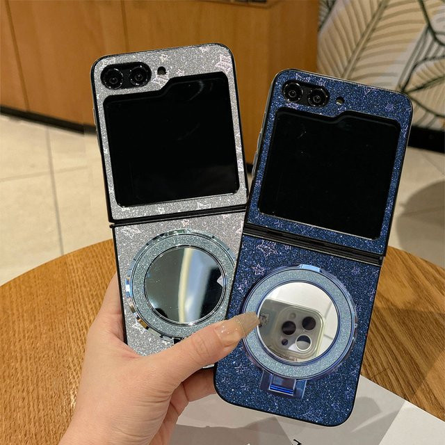 Luxuriöse Twinkle Star Matte Leder-Handyhülle mit Make-up-Spiegel und Ringhalterung für Samsung Galaxy Z Flip 7/7FE/6/5/4/3 5G in Weiß - Bild 1