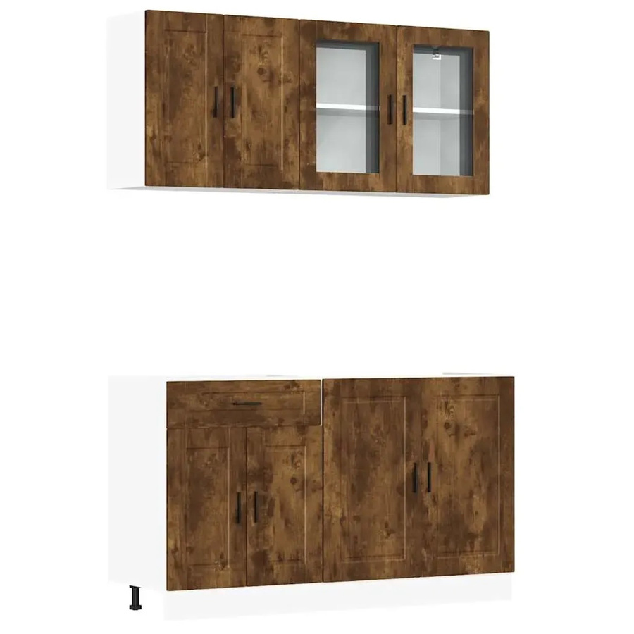vidaXL 4-teiliges Küchenschrank-Set Porto in Räuchereiche mit Glastüren und Regalböden aus Holzwerkstoff und Glas, Braun - Bild 2