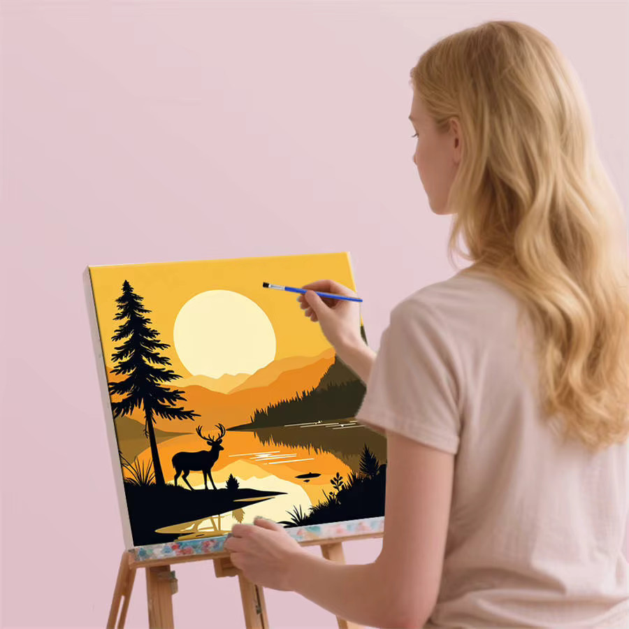 HUACAN Malen nach Zahlen-Kit, Hirsch-Landschaft, DIY-Ölzeichnung - Bild 4