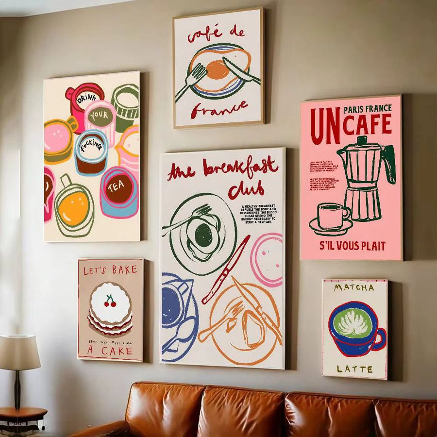 Retro Poster Coffee Shop Nachmittagstee Croissant Kaffeetasse Kunstmalerei aus Papier in Multicolor - Bild 2