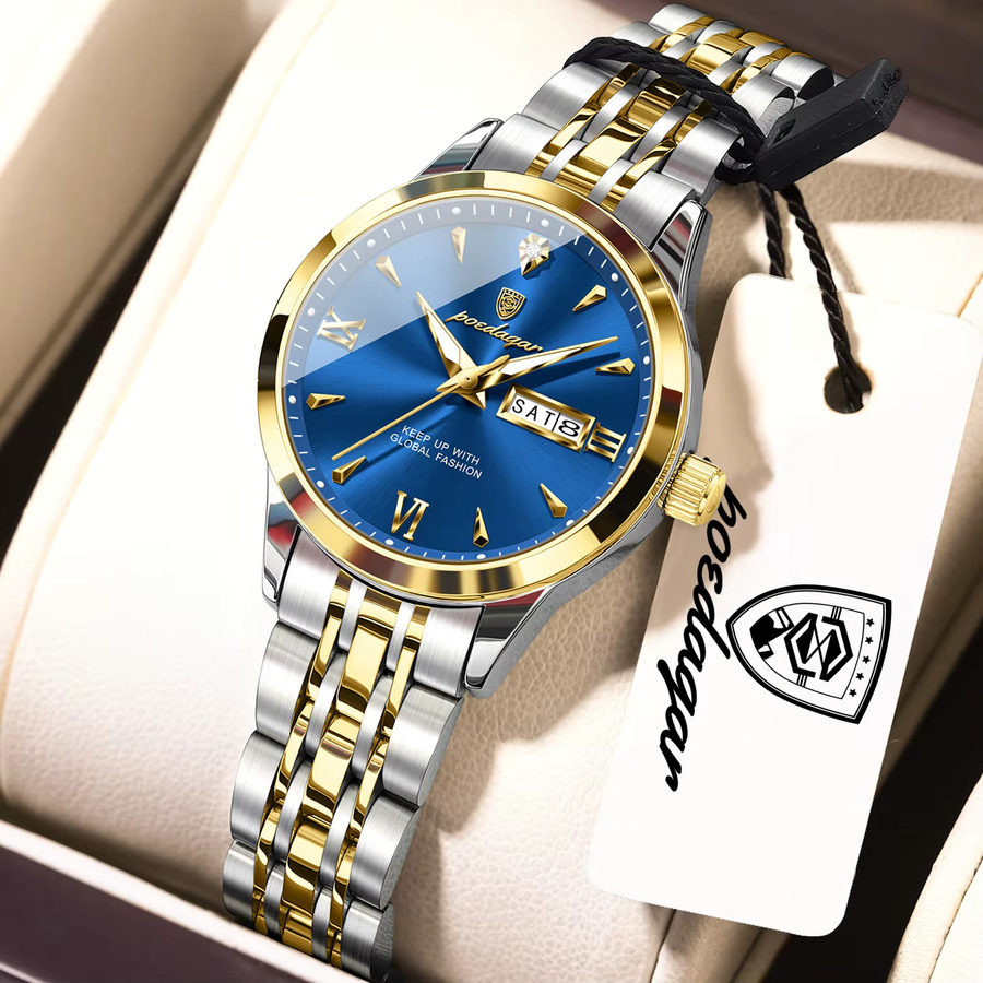 POEDAGAR Armbanduhr, Quarz, Edelstahl, Gold, Blau, Damen - Bild 2