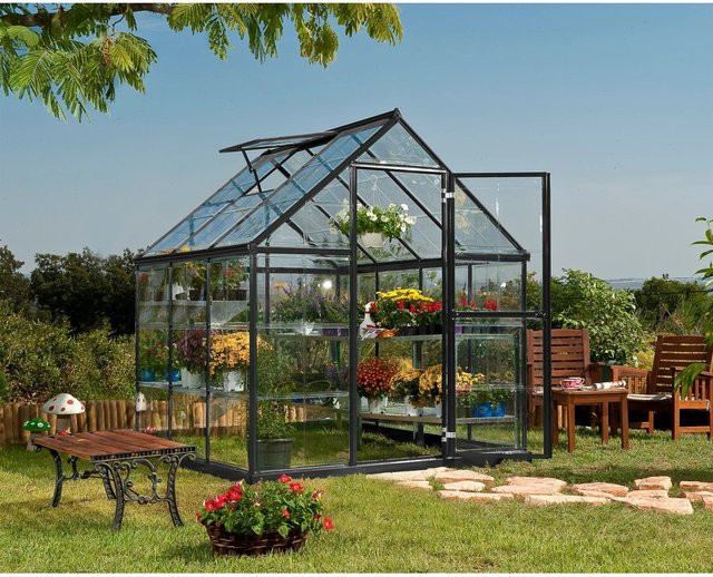 Palram - Canopia Gewächshaus Grau mit Fundamentrahmen und Regenrinnen aus Polycarbonat für die Pflanzenzucht im Garten - Bild 1