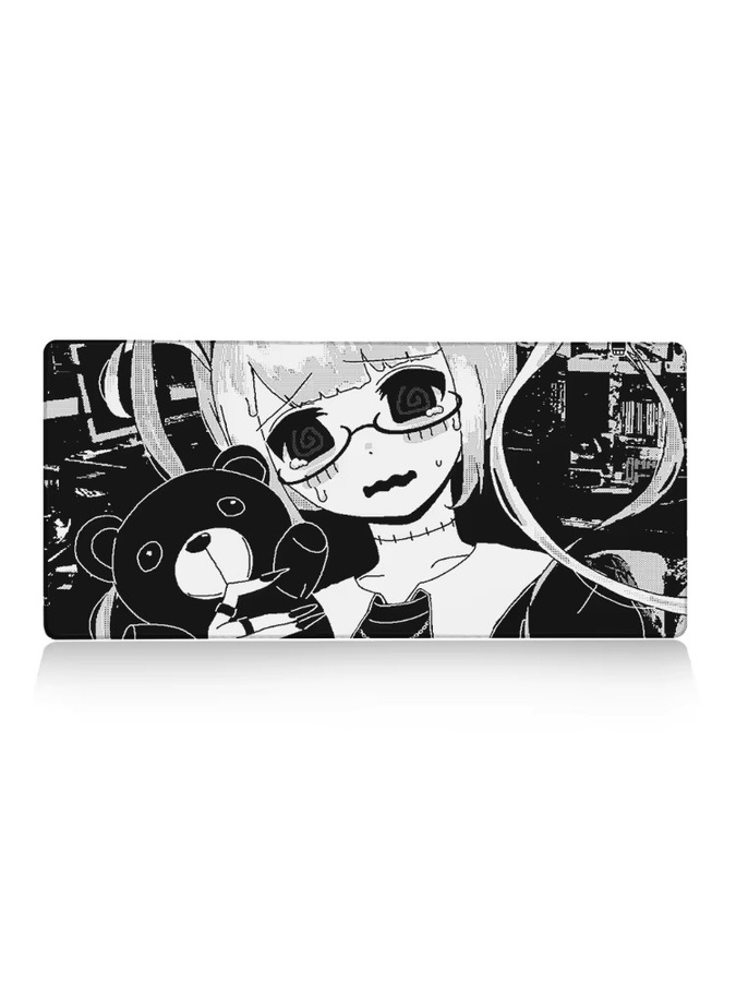 Riccu XXL Anime-Mädchen Mauspad Schwarz-Weiß, rutschfestes Kawaii Schreibtisch-Mauspad mit Verriegelungskante - Bild 5