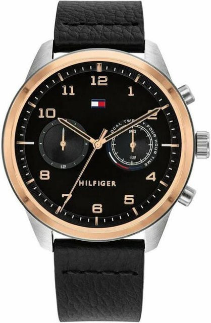 Tommy Hilfiger Herrenuhr, Analoguhr, Edelstahl, Schwarz, Leder, 44 mm - Bild 1