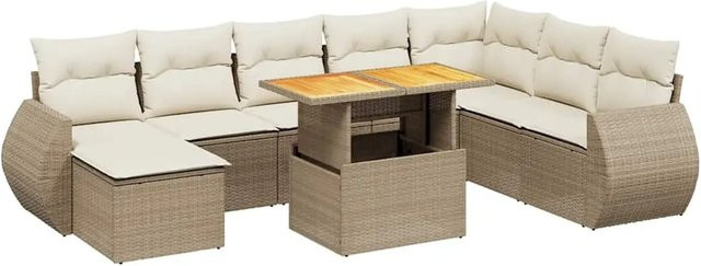 vidaXL 9-teilige Garten-Sofagarnitur in L-Form aus Poly-Rattan und Akazienholz mit Kissen in Beige-Creme - Bild 1