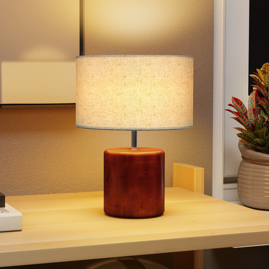 HOMCOM Rustikale Tischlampe mit Holzfuß und Leinen-Lampenschirm in Dunkelbraun und Beige, E27, 40W - Bild 2